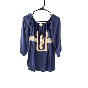 Lavish Y2k Navy Blue Boho Peasant Blouse Crochet Lace Tassels Size M Womens